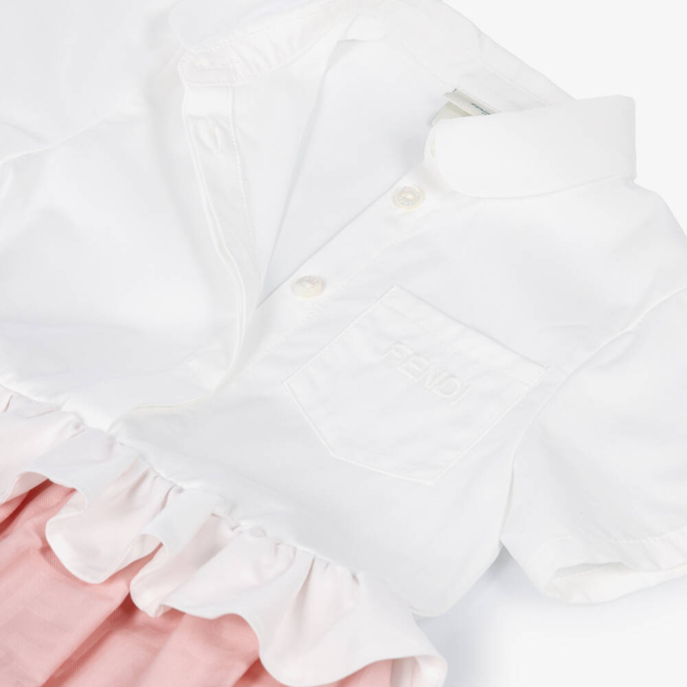 Fendi-Baby Girls White & Pink FF Jacquard Bubble Hem Dress | Childrensalon
