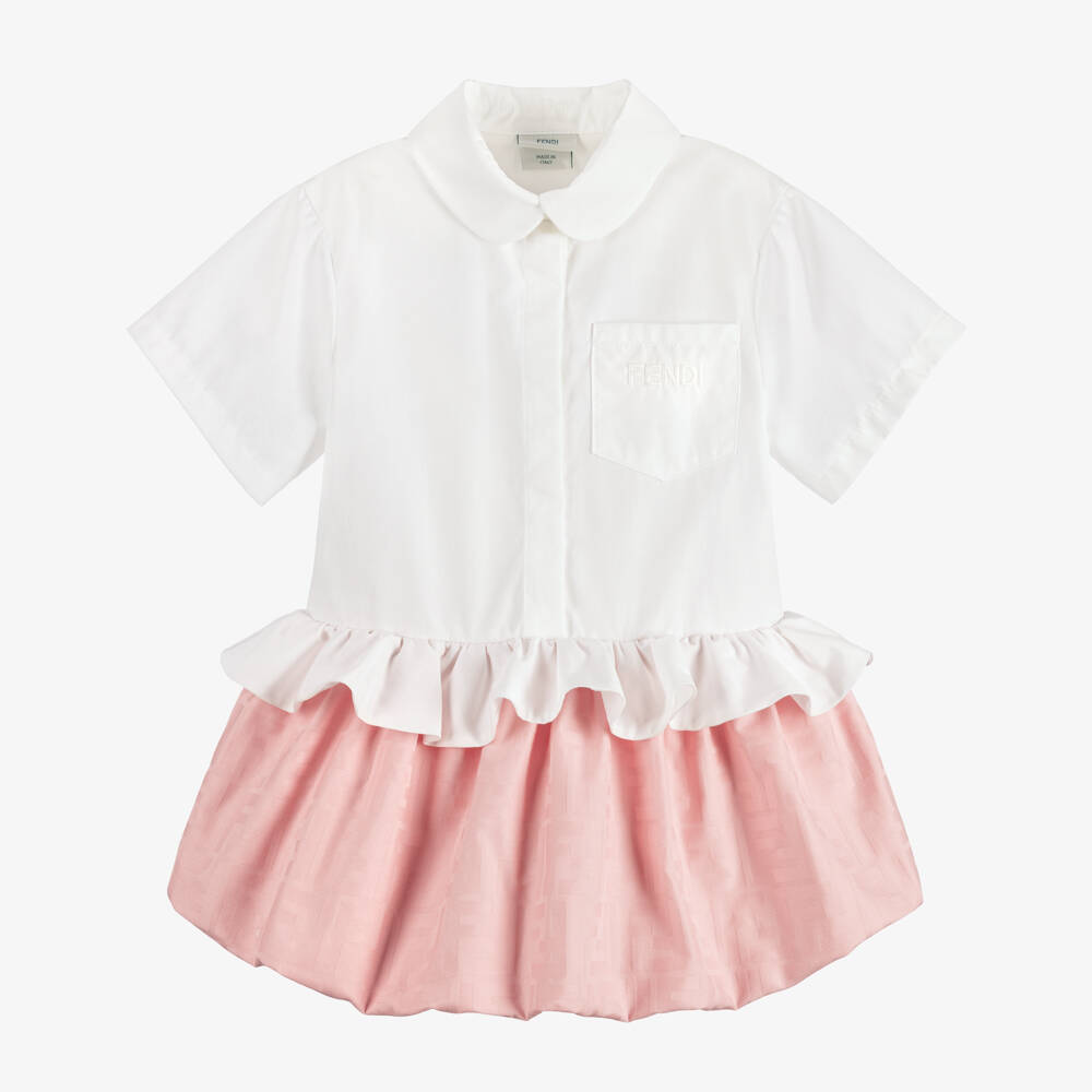 Fendi-Baby Girls White & Pink FF Jacquard Bubble Hem Dress | Childrensalon