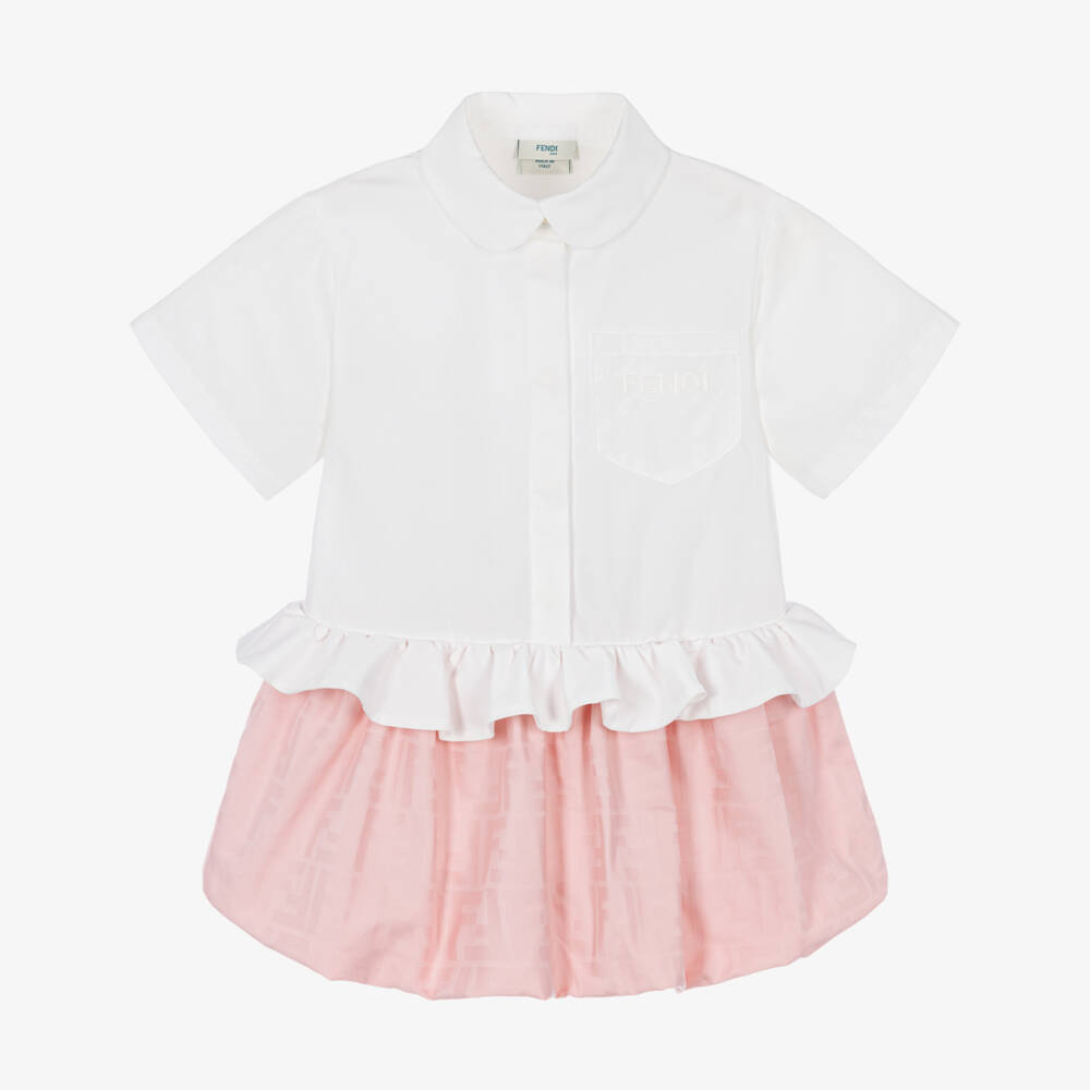 Fendi-Baby Girls White & Pink FF Jacquard Bubble Hem Dress | Childrensalon