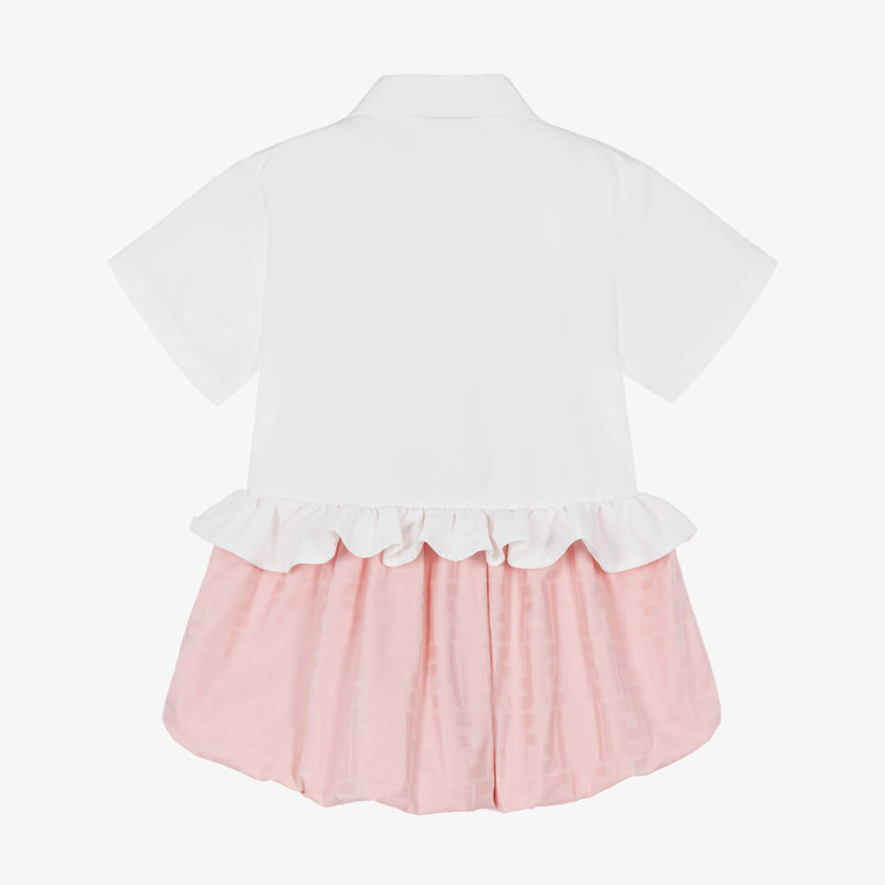 Fendi-Baby Girls White & Pink FF Jacquard Bubble Hem Dress | Childrensalon