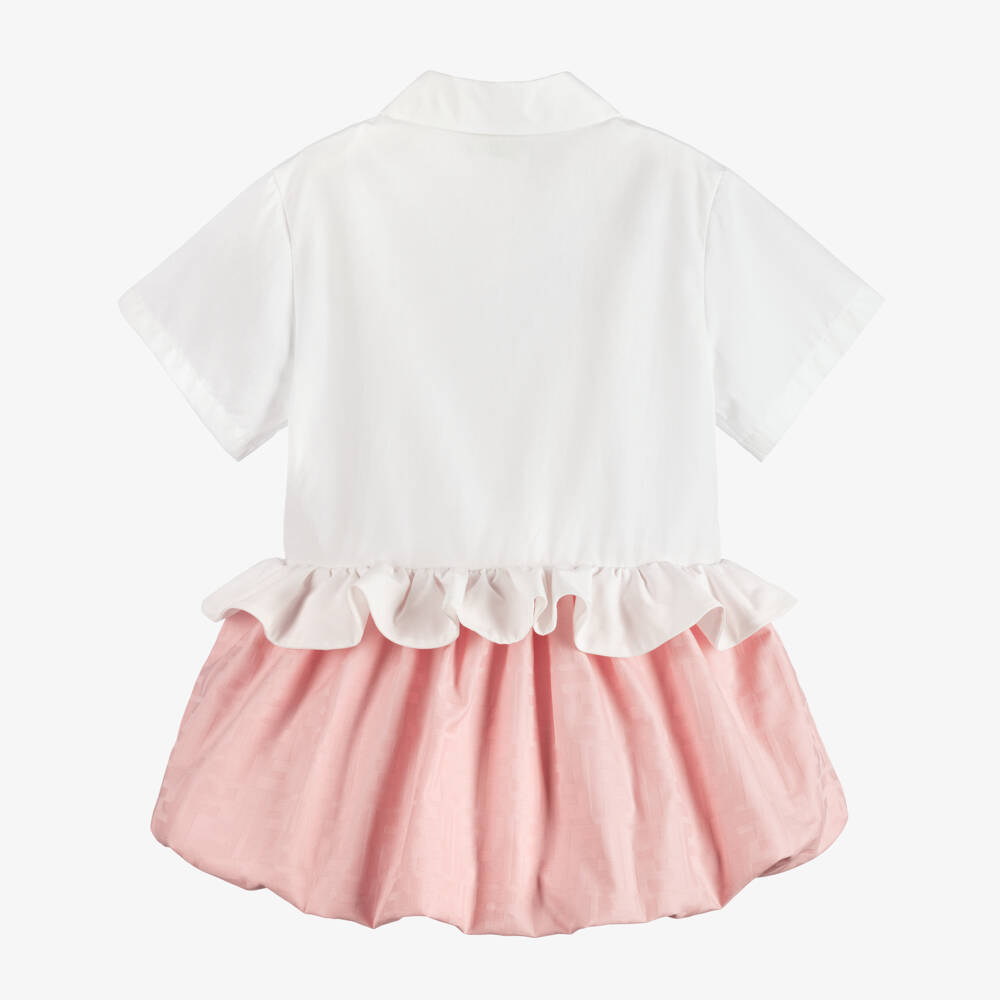 Fendi-Baby Girls White & Pink FF Jacquard Bubble Hem Dress | Childrensalon