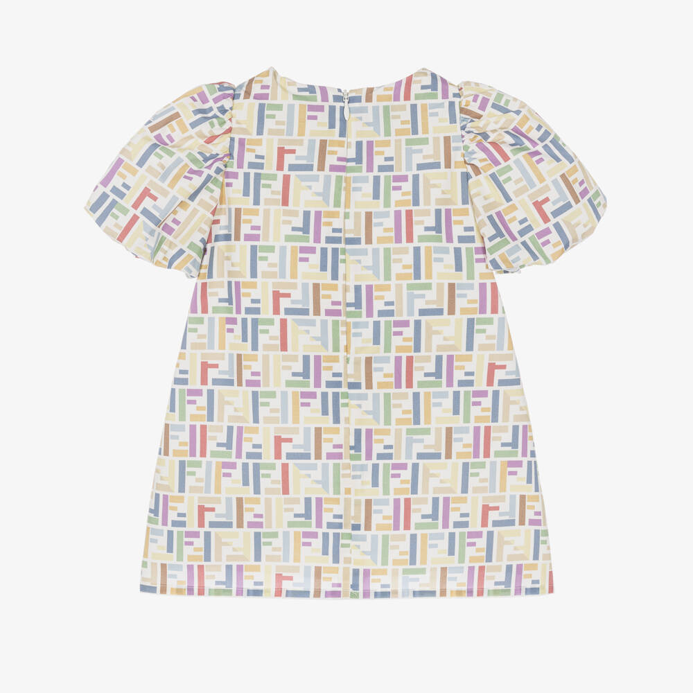 Fendi-Baby Girls White Poplin Dress with Multicolour FF Logo | Childrensalon