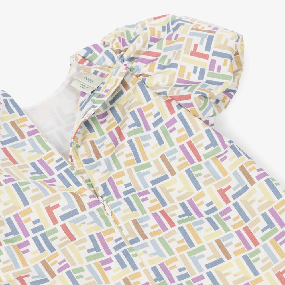 Fendi-Baby Girls White Poplin Dress with Multicolour FF Logo | Childrensalon