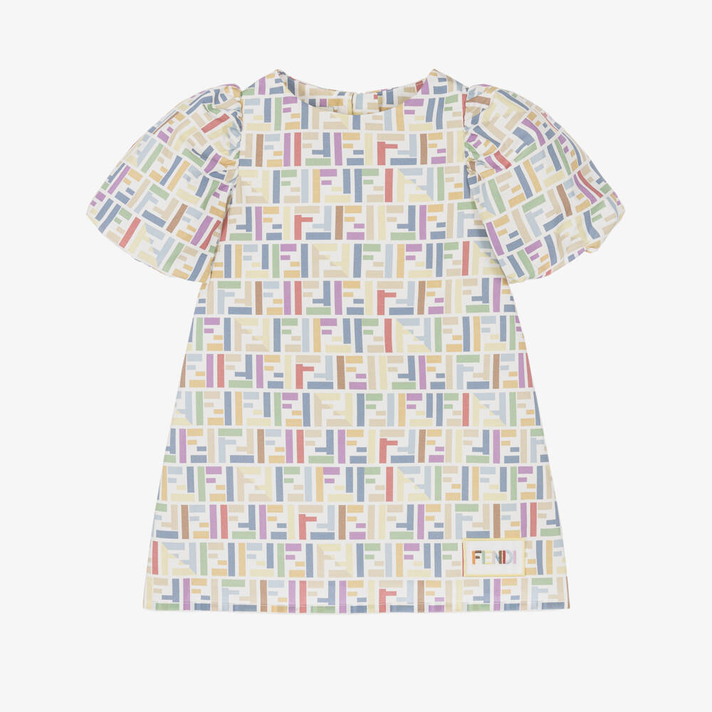 Fendi-Baby Girls White Poplin Dress with Multicolour FF Logo | Childrensalon