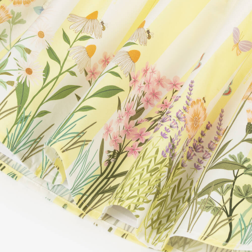 Fendi-فستان بطبعة ورود قطن مقلم لون أصفر وأبيض | Childrensalon