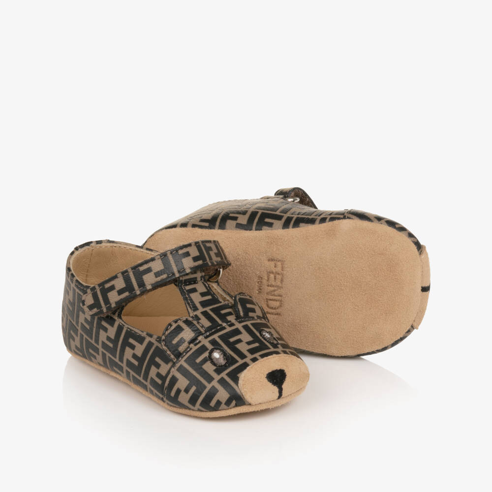 Fendi-Beige & Brown FF Logo Leather Pre-Walker Shoes | Childrensalon