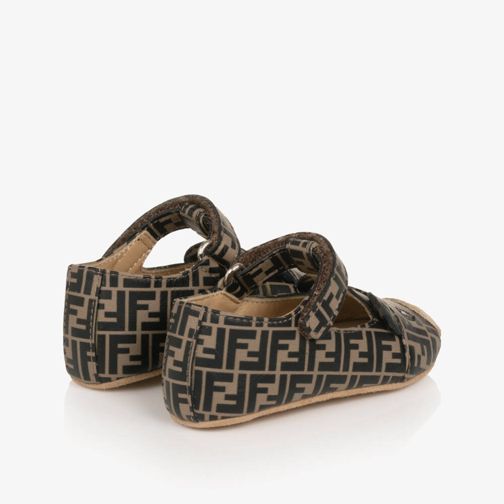 Fendi-Beige & Brown Leather FF Logo Pre-Walker Shoes | Childrensalon