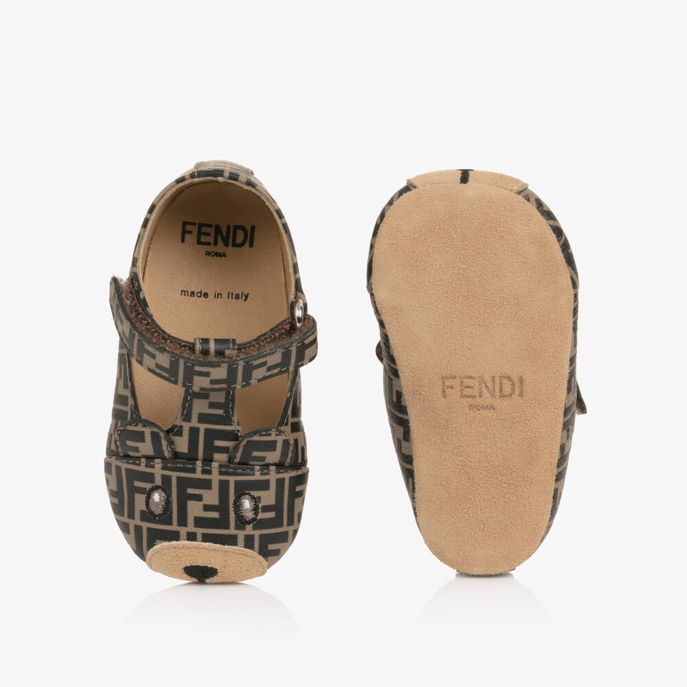 Fendi-Beige & Brown Leather FF Logo Pre-Walker Shoes | Childrensalon