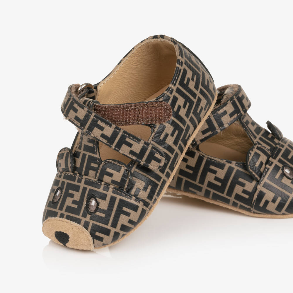 Fendi-Beige & Brown Leather FF Logo Pre-Walker Shoes | Childrensalon