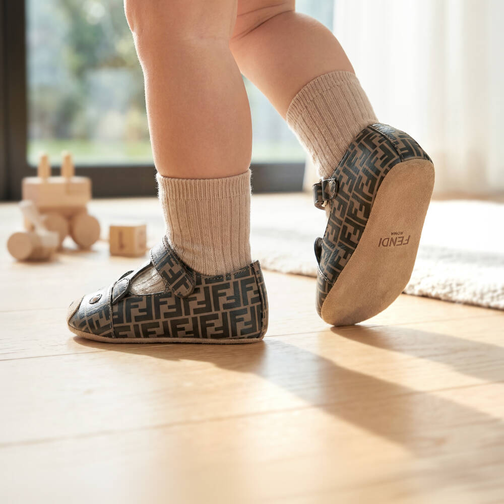Fendi-Beige & Brown Leather FF Logo Pre-Walker Shoes | Childrensalon