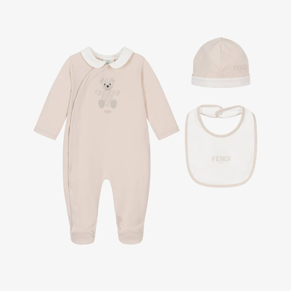 Fendi-طقم هدية أفرول قطن بشعارFF ودب لون بيج | Childrensalon