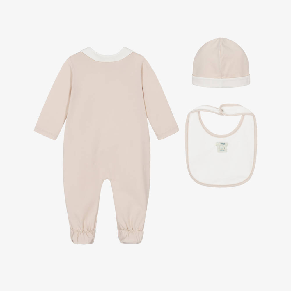 Fendi-طقم هدية أفرول قطن بشعارFF ودب لون بيج | Childrensalon