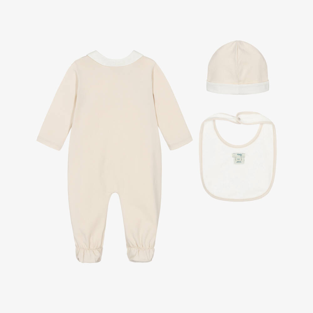 Fendi-Beige Cotton FF Logo Bear Babygrow Set | Childrensalon