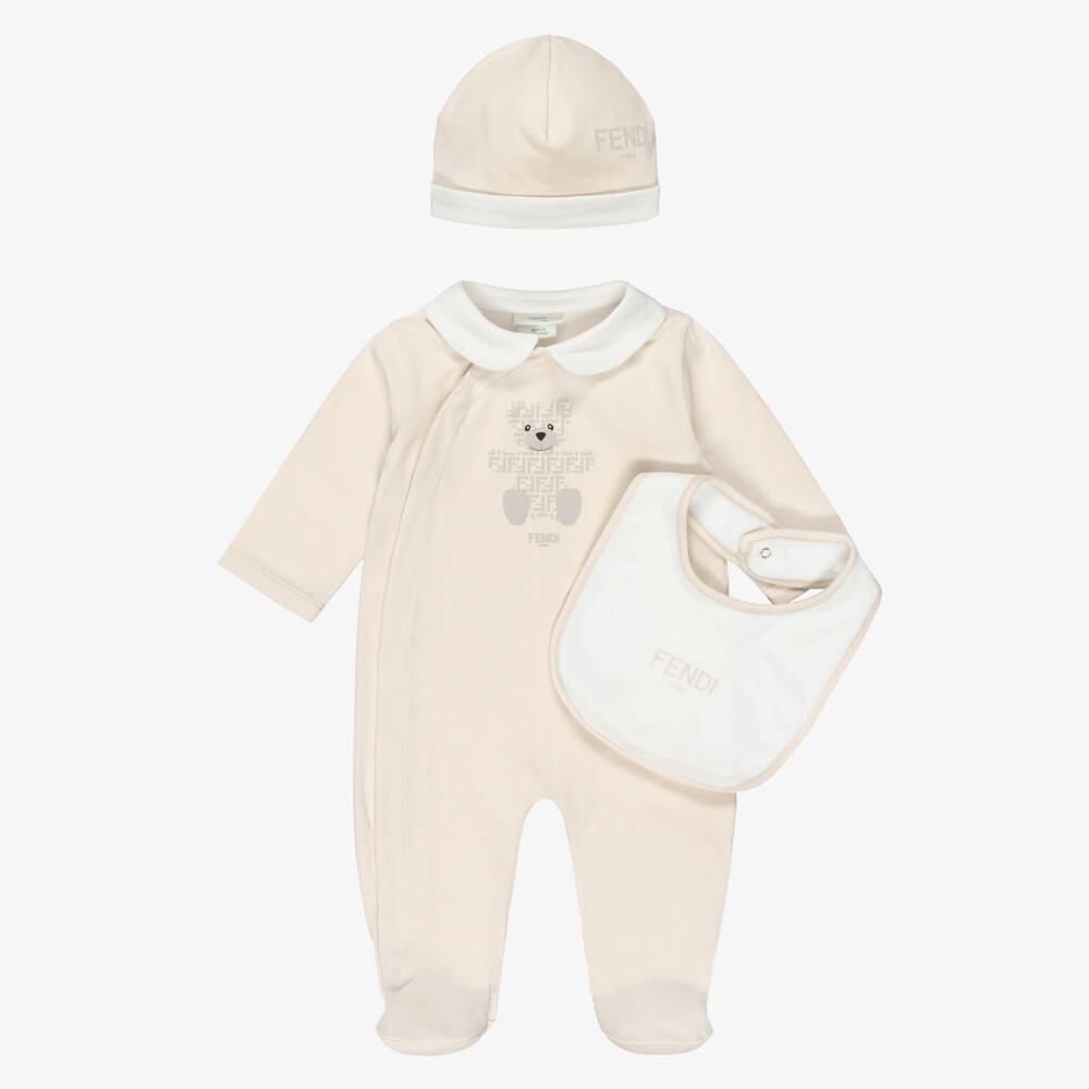 Fendi-Beige Cotton FF Logo Bear Babygrow Set | Childrensalon