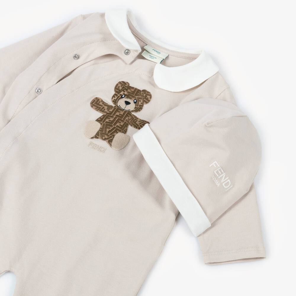 Fendi-Beige Fendi Bear Cotton Babysuit Set | Childrensalon