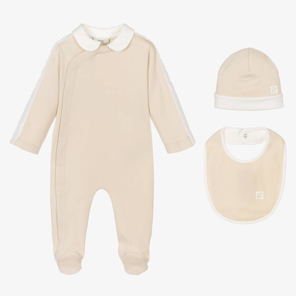 Fendi-طقم هدية أفرول بشعار FF قطن لون بيج | Childrensalon