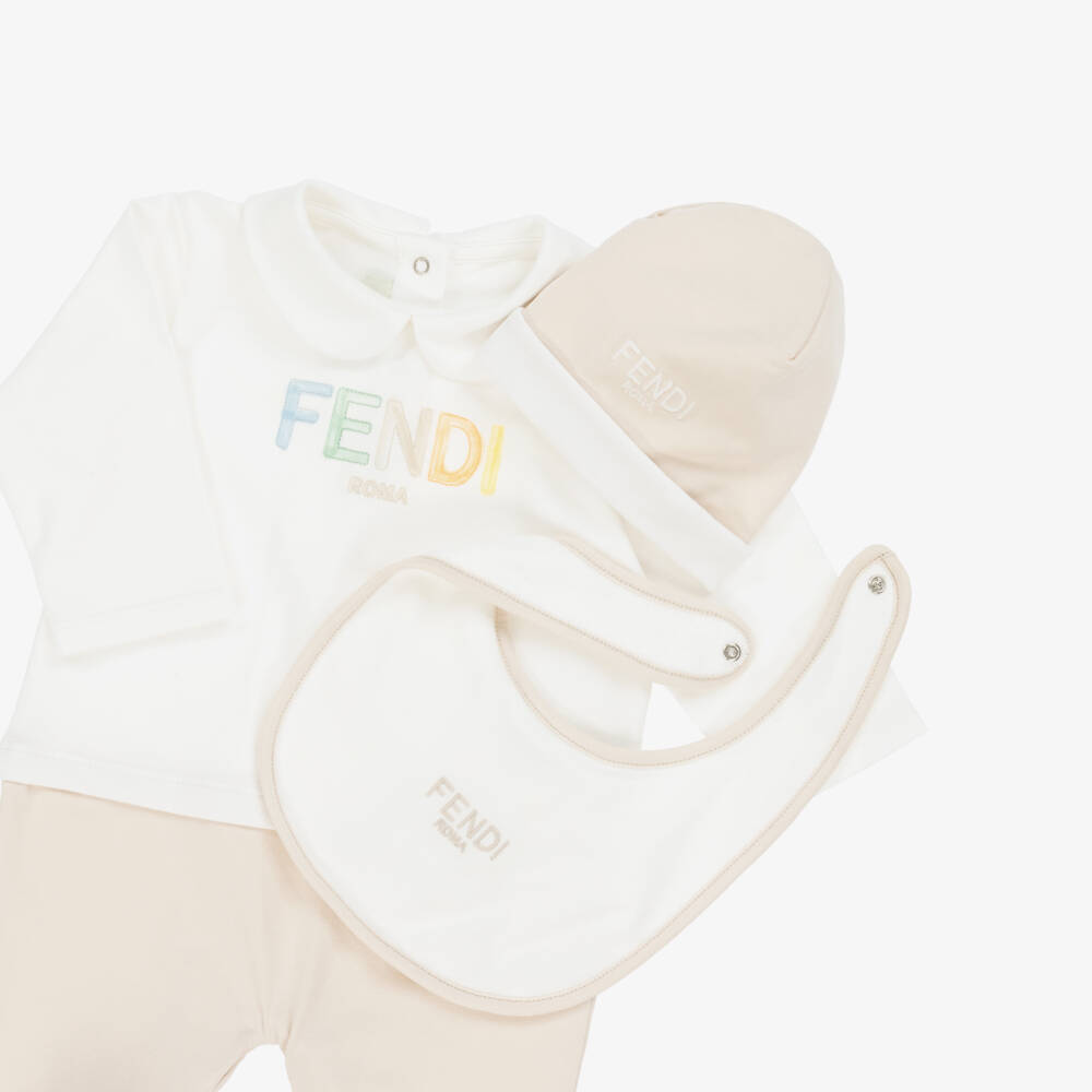 Fendi-Beige & Ivory Cotton Babysuit Gift Set | Childrensalon