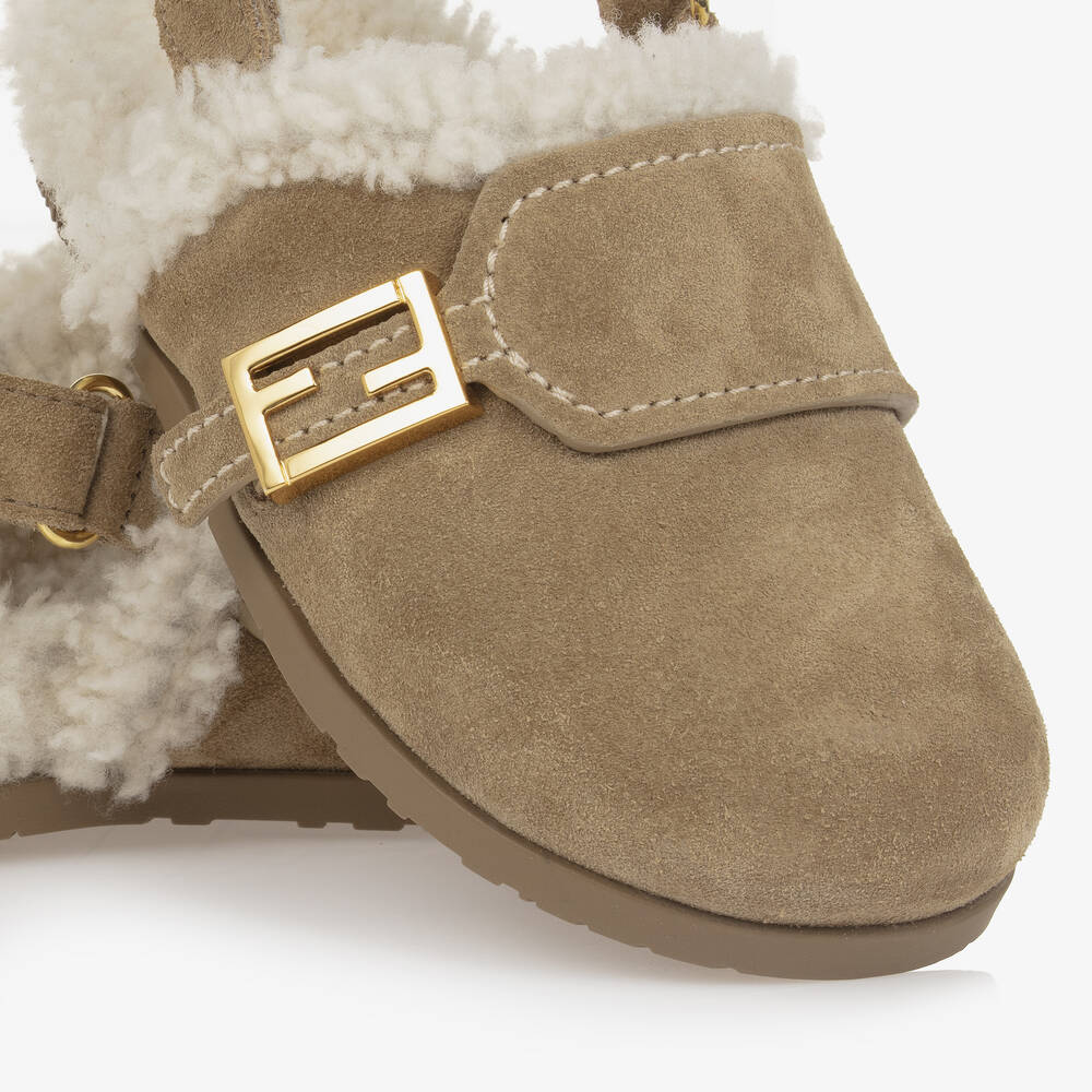 Fendi-Beige Suede Leather & Shearling Mules | Childrensalon
