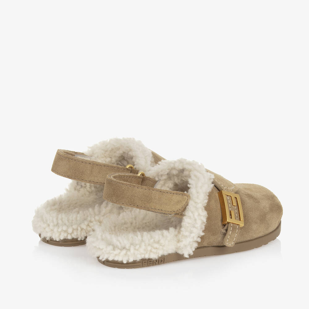 Fendi-Beige Suede Leather & Shearling Mules | Childrensalon