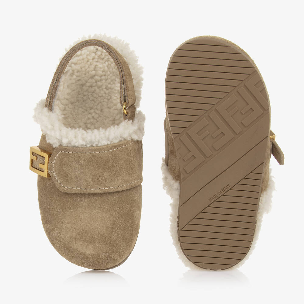 Fendi-Beige Suede Leather & Shearling Mules | Childrensalon