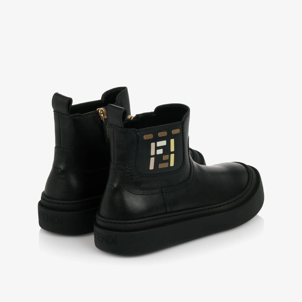 Fendi-Black Leather Boots with FF Logo Bricks | Childrensalon