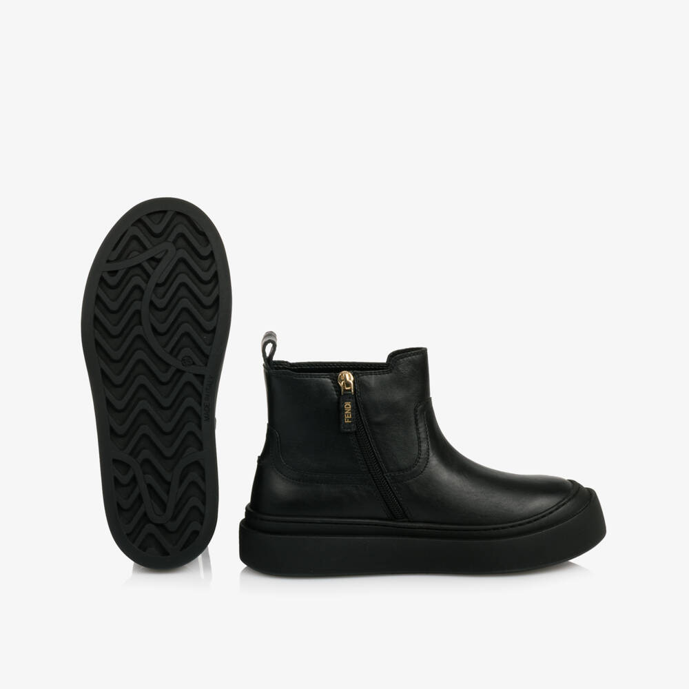Fendi-Black Leather Boots with FF Logo Bricks | Childrensalon