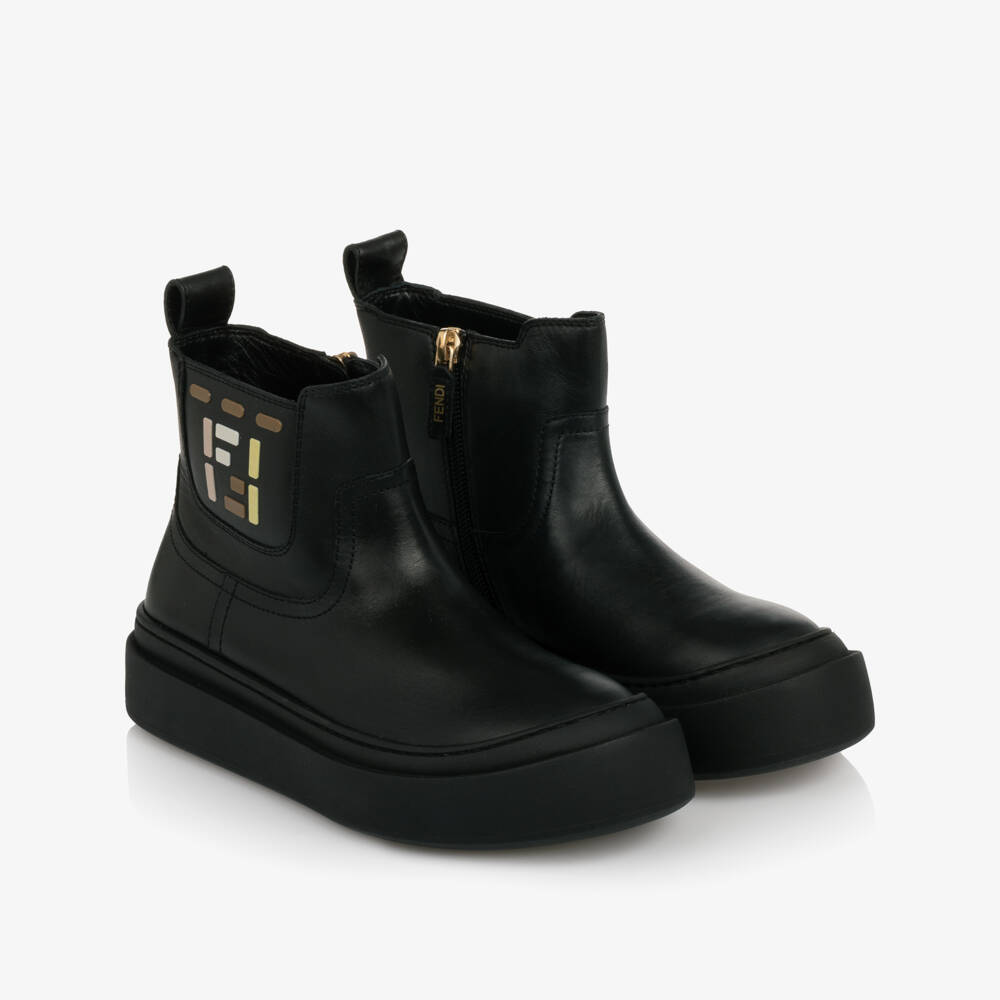 Fendi-Black Leather Boots with FF Logo Bricks | Childrensalon