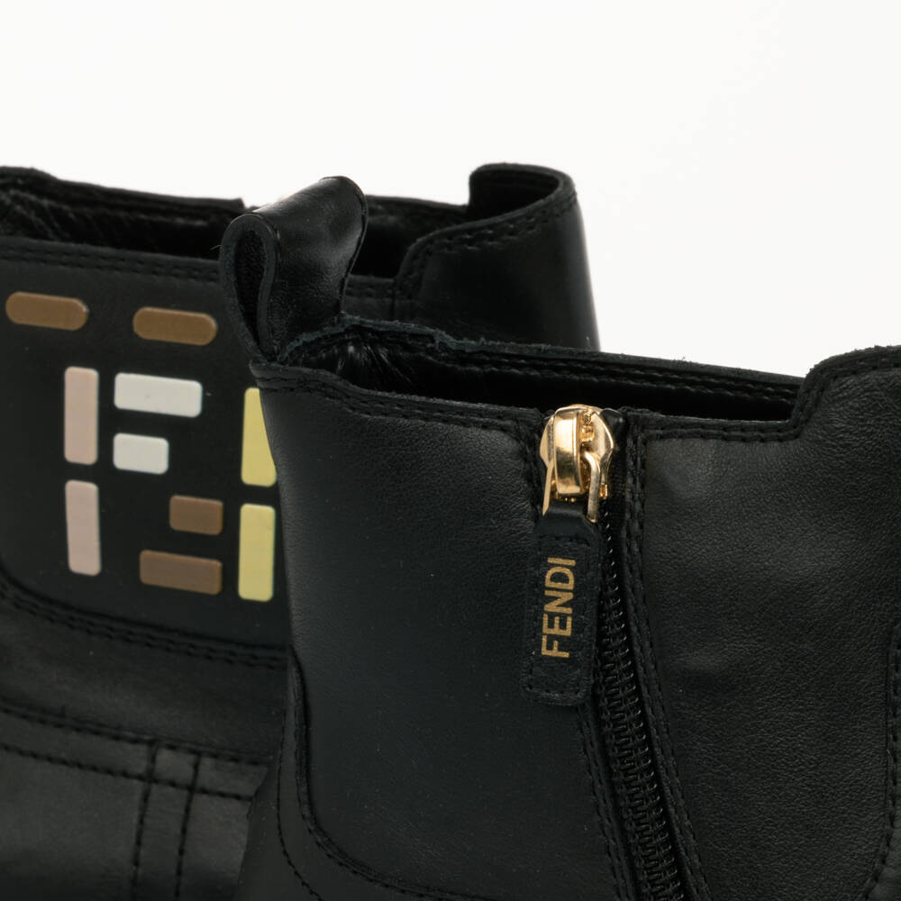 Fendi-Black Leather Boots with FF Logo Bricks | Childrensalon