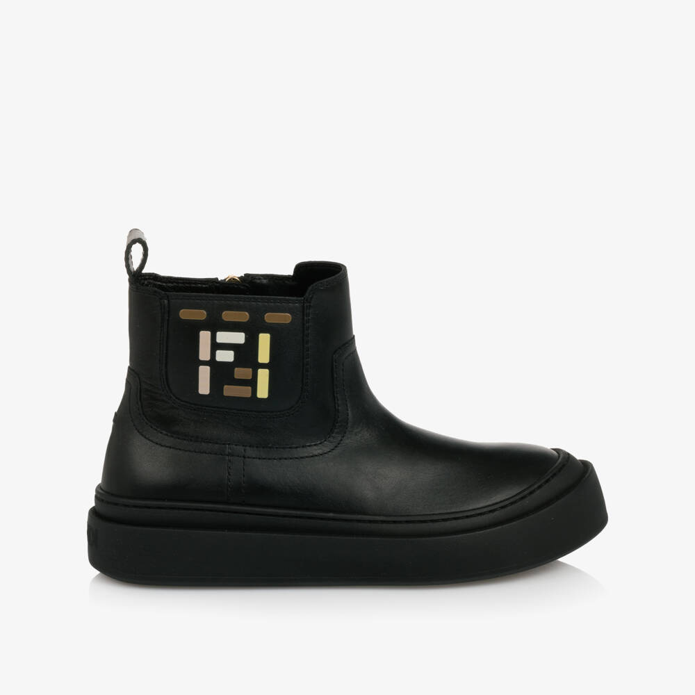 Fendi-Black Leather Boots with FF Logo Bricks | Childrensalon