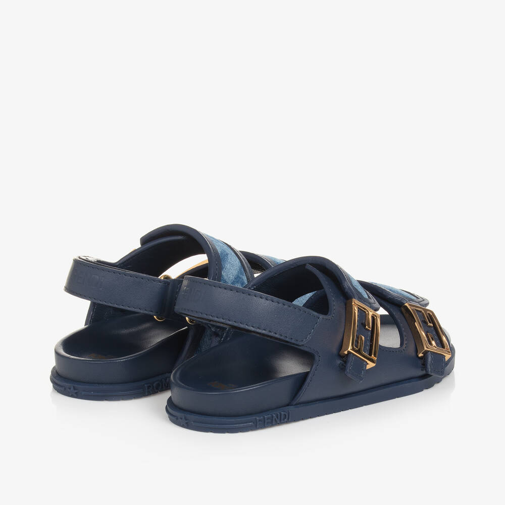 Fendi-Blue Leather FF Velcro Sandals  | Childrensalon