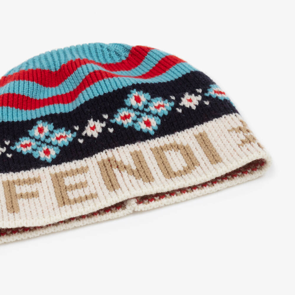 Fendi-Blue Logo Wool Knit Beanie Hat | Childrensalon