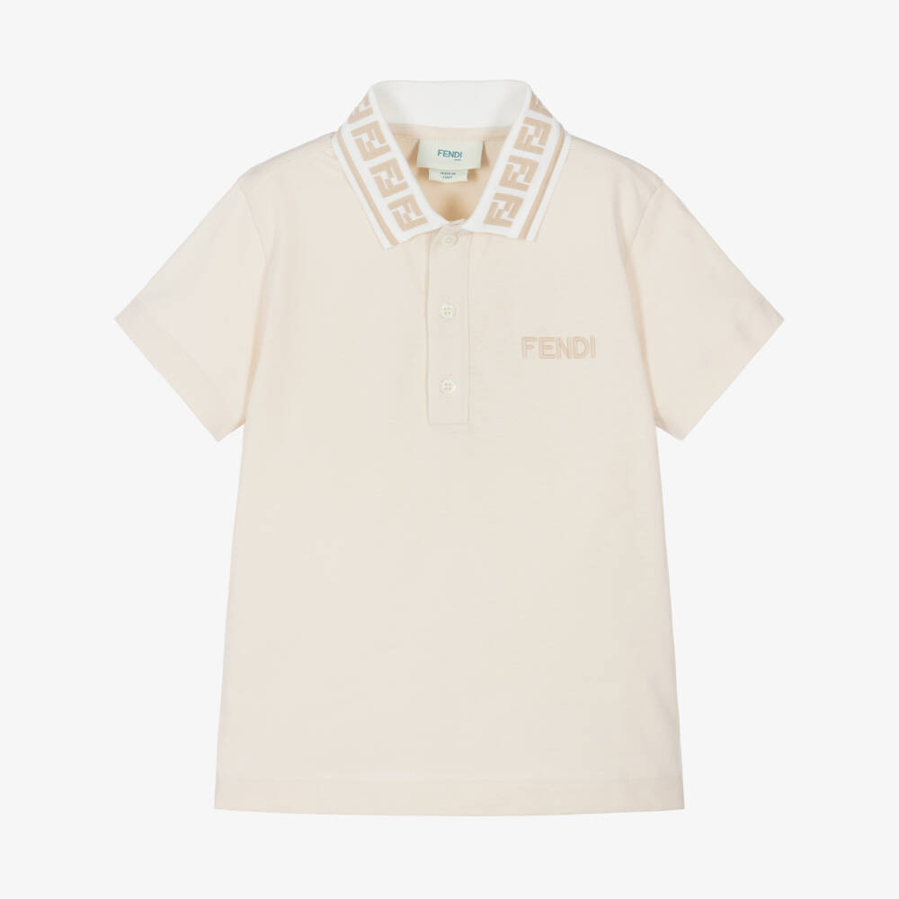 Fendi- Boys Beige Cotton FF Collar Polo Shirt | Childrensalon