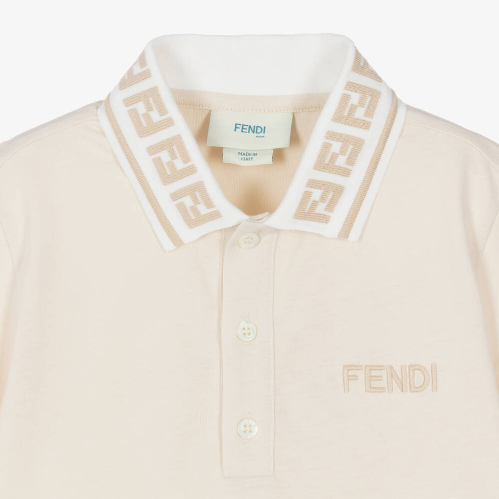 Fendi- Boys Beige Cotton FF Collar Polo Shirt | Childrensalon