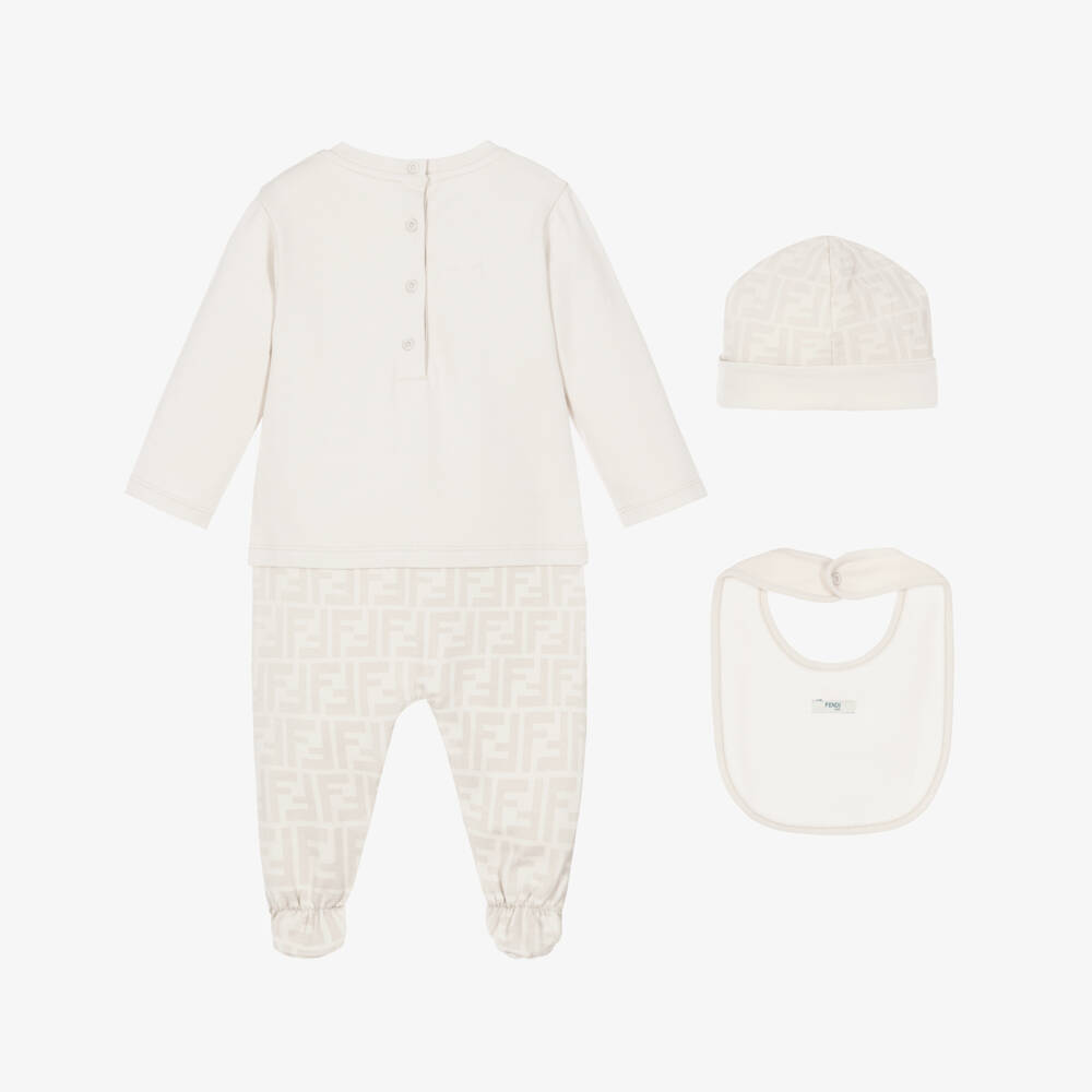 Fendi-Boys Beige Cotton FF Logo Babysuit Set | Childrensalon