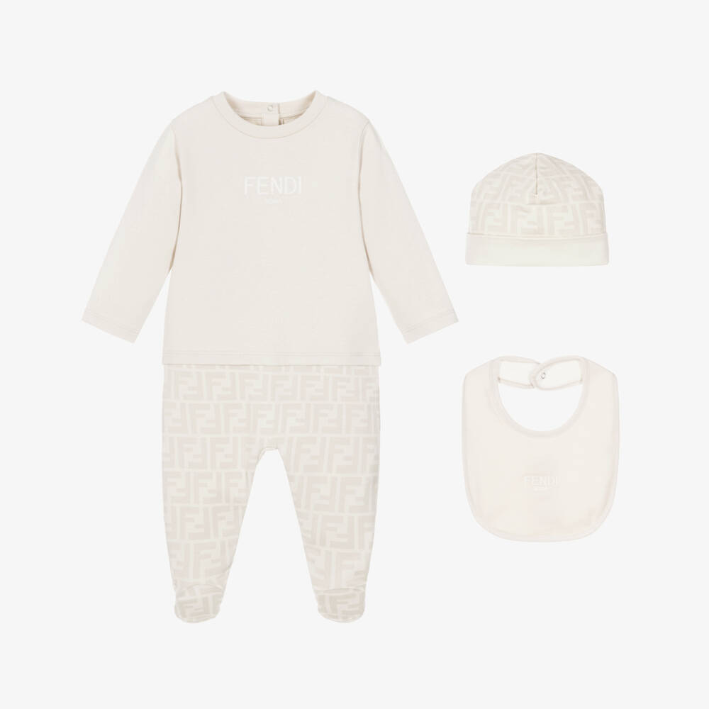 Fendi-Boys Beige Cotton FF Logo Babysuit Set | Childrensalon
