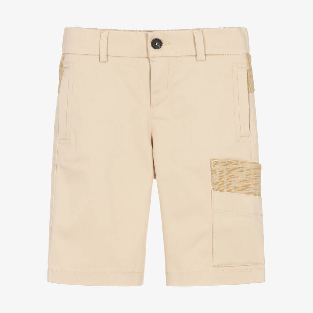 Fendi-Boys Beige Cotton Gabardine Shorts with FF Logo Pocket | Childrensalon