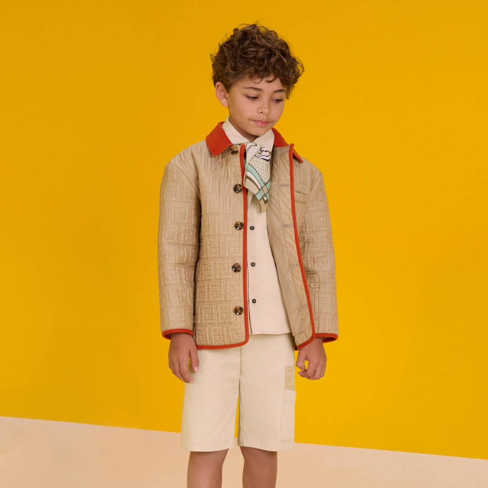 Fendi-شورت قطن غباردين لون بيج للأولاد | Childrensalon