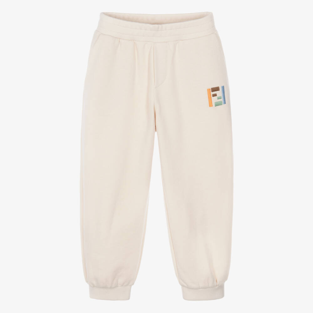 Fendi-Boys Beige Cotton Joggers with FF Logo Embroidery | Childrensalon