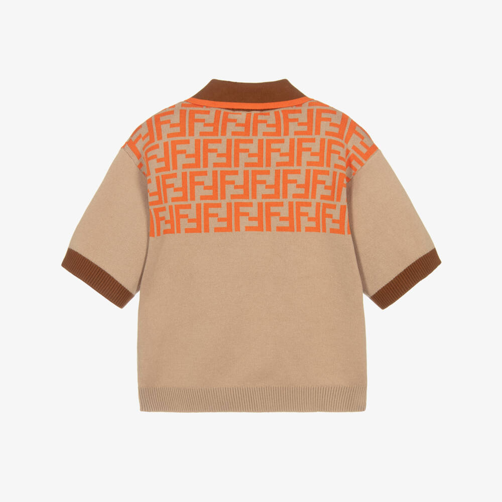 Fendi-Рубашка поло бежевая из хлопка с оранжевым логотипом FF для мальчиков | Childrensalon