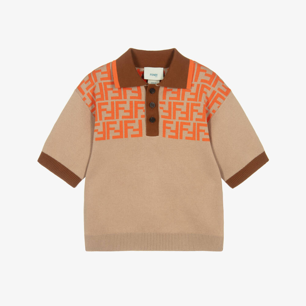 Fendi-Рубашка поло бежевая из хлопка с оранжевым логотипом FF для мальчиков | Childrensalon