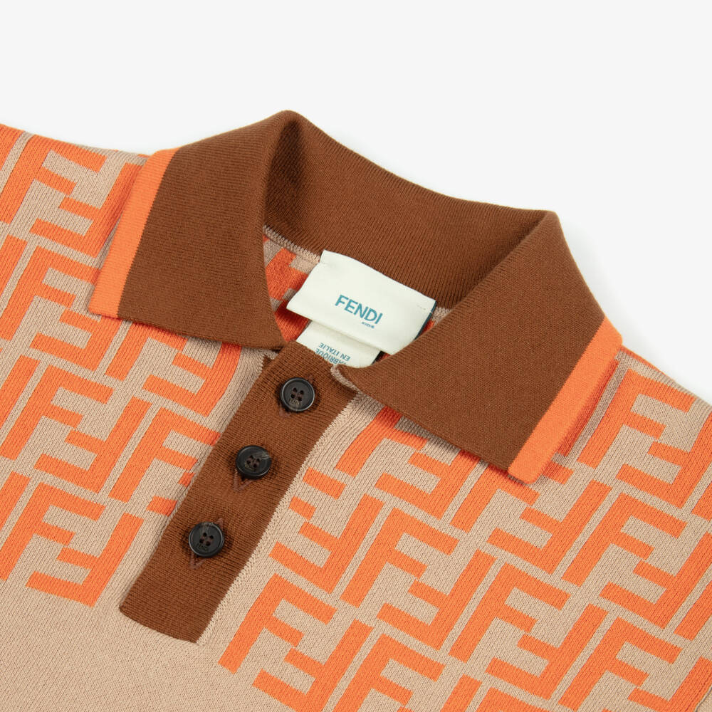 Fendi-Рубашка поло бежевая из хлопка с оранжевым логотипом FF для мальчиков | Childrensalon