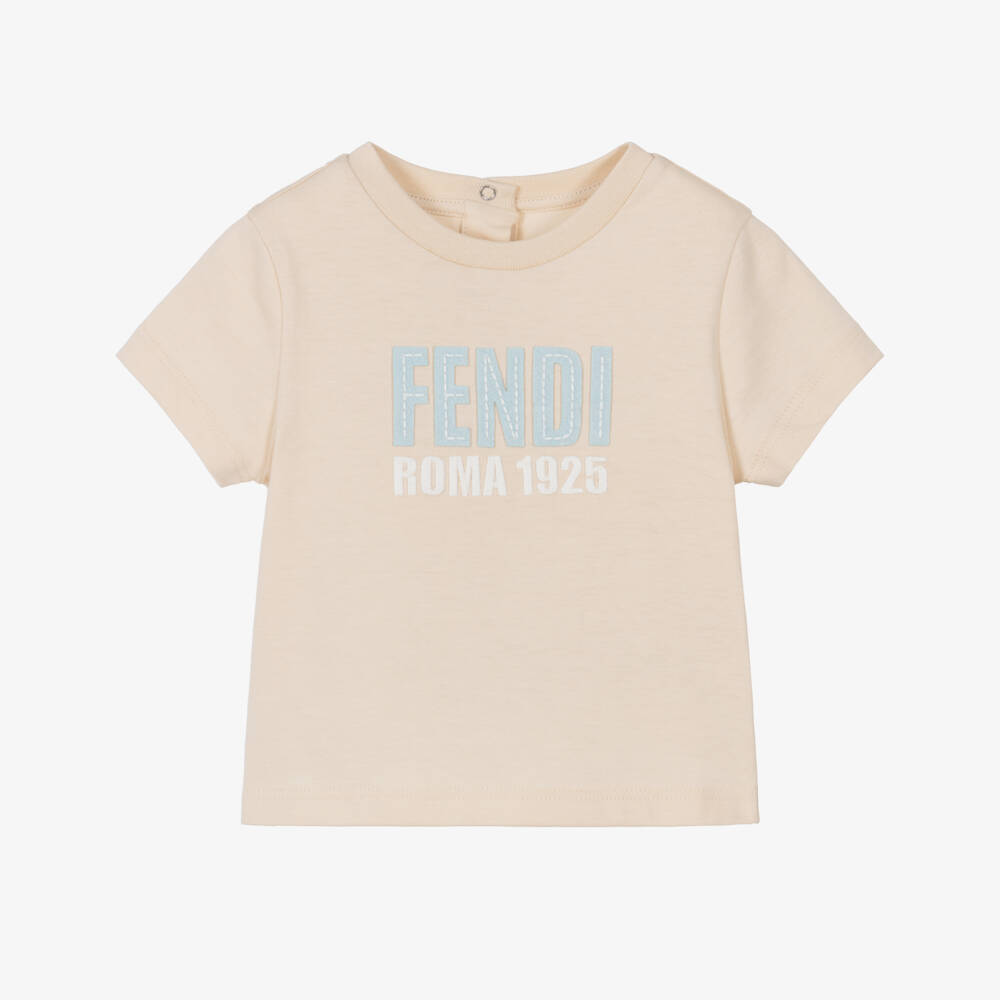 Fendi-Boys Beige Cotton T-Shirt with Fendi Roma Logo | Childrensalon