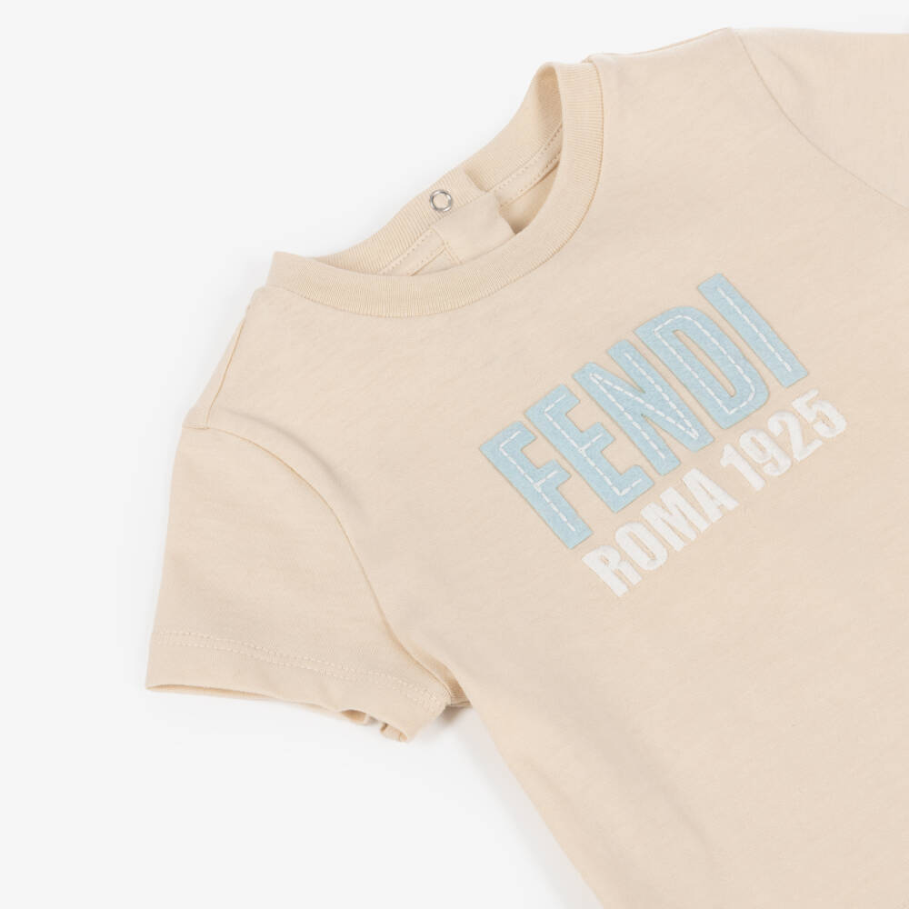 Fendi-Футболка бежевая с логотипом Fendi Roma из хлопка для мальчиков | Childrensalon