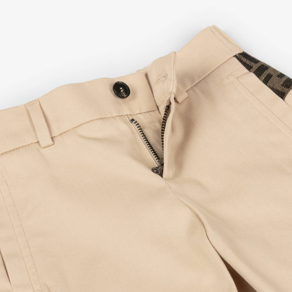Fendi-Boys Beige Cotton Trousers with FF Logo Trims  | Childrensalon