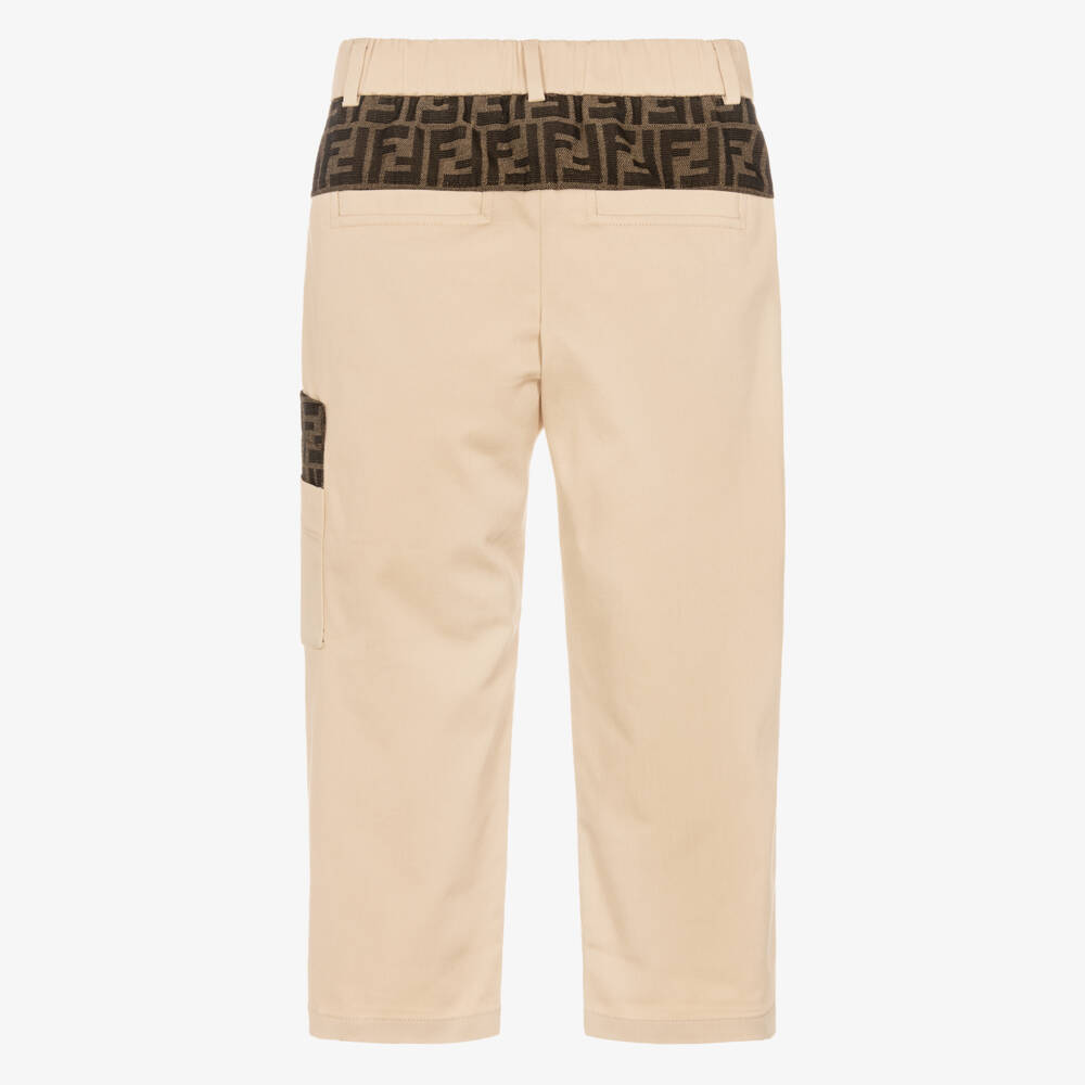 Fendi-Boys Beige Cotton Trousers with FF Logo Trims  | Childrensalon