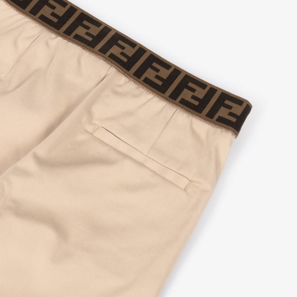 Fendi-Boys Beige Cotton Trousers with FF Logo Waistband | Childrensalon