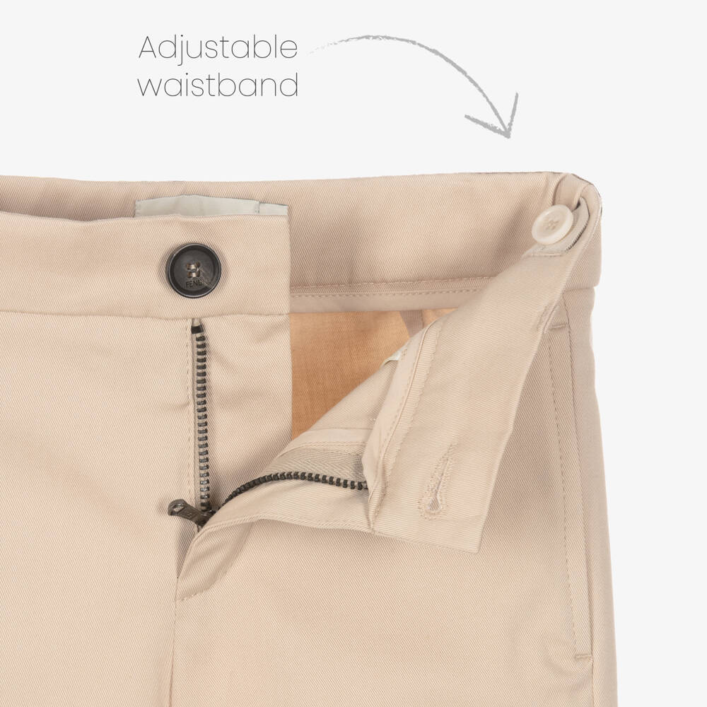 Fendi-Boys Beige Cotton Trousers with FF Logo Waistband | Childrensalon