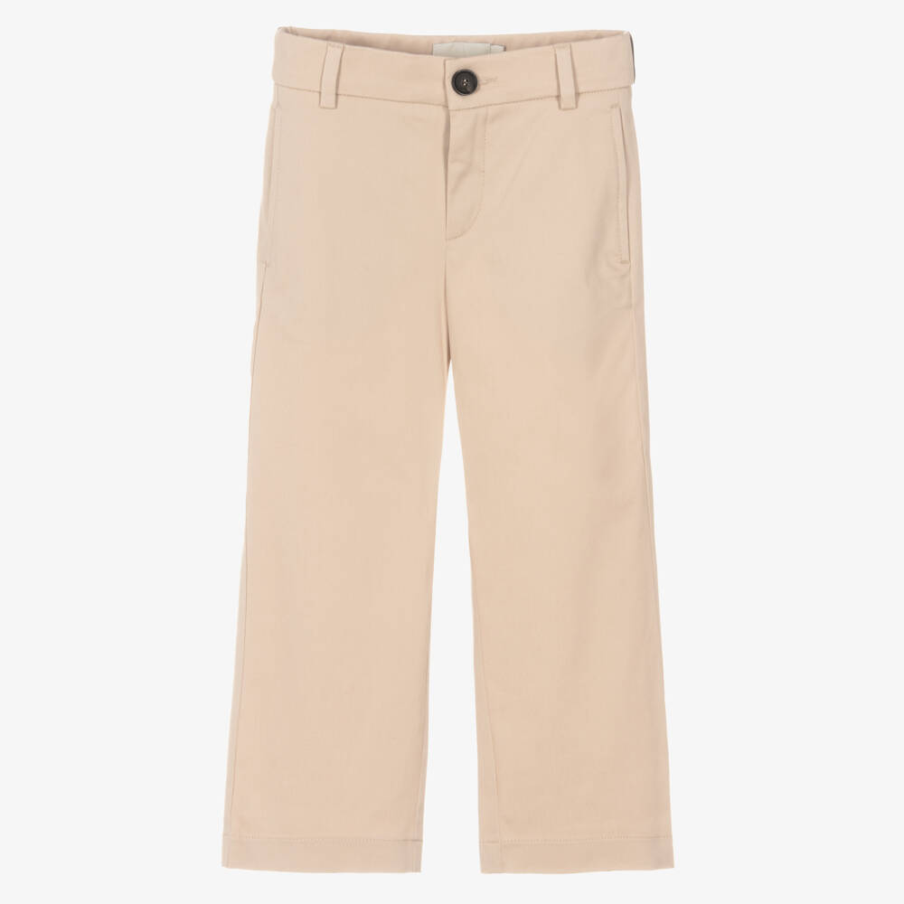 Fendi-Boys Beige Cotton Trousers with FF Logo Waistband | Childrensalon