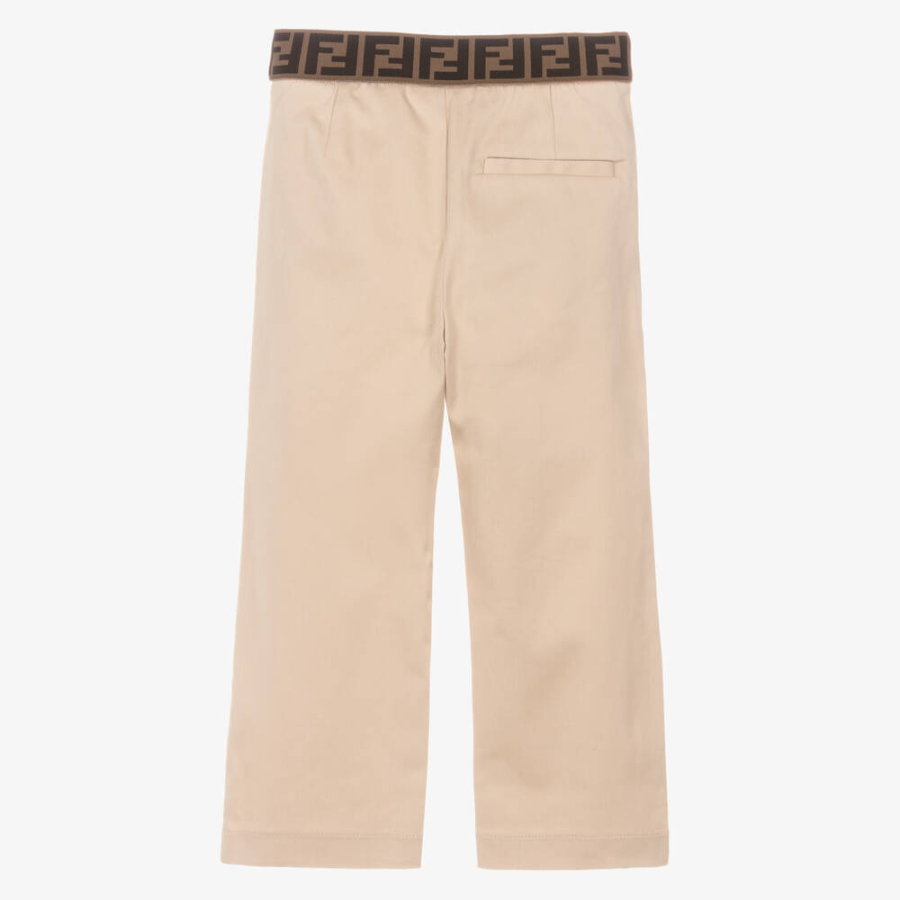 Fendi-Boys Beige Cotton Trousers with FF Logo Waistband | Childrensalon