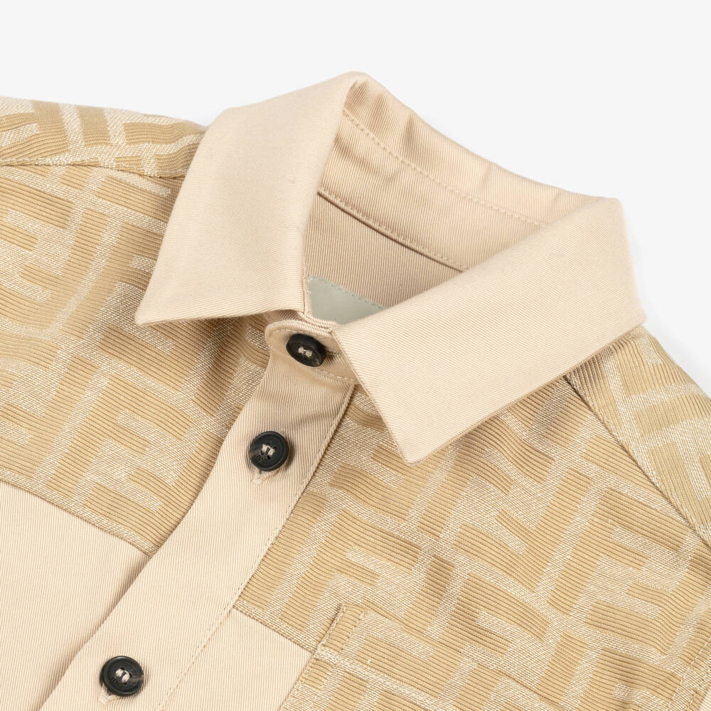Fendi-Boys Beige FF Jacquard Panel Cotton Shirt | Childrensalon